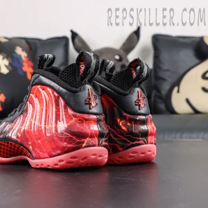 Stranger Things x Nike Air Foamposite One Premium QS “Black Bright Crimson” heel detail featuring signature Penny logo branding
