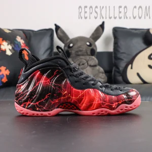 Stranger Things x Nike Air Foamposite One Premium QS “Black Bright Crimson” profile view featuring molded Foamposite upper with red and black gradient graphics