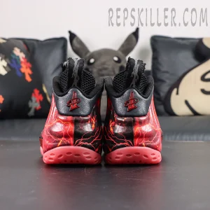 Stranger Things x Nike Air Foamposite One Premium QS “Black Bright Crimson” rear view showcasing sci-fi inspired graphics extending across the heel