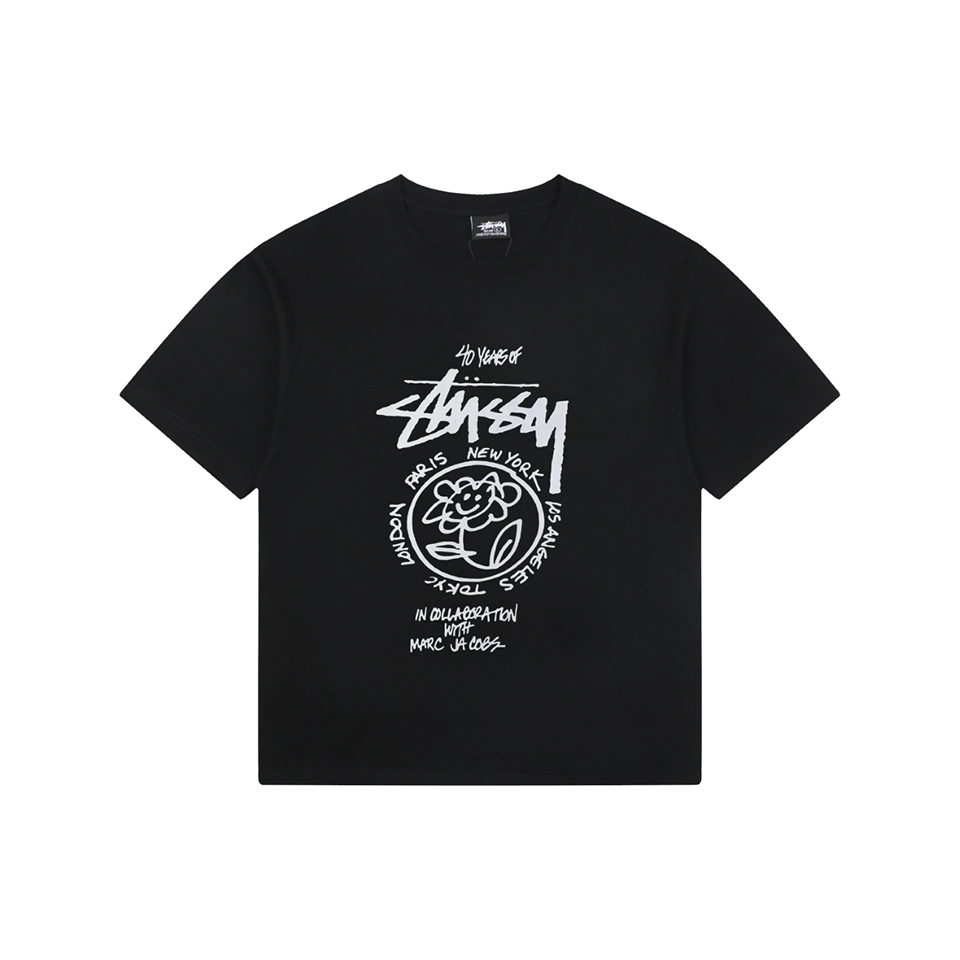 Stussy Graffiti Smiley Flower Print T-Shirt Black Front view