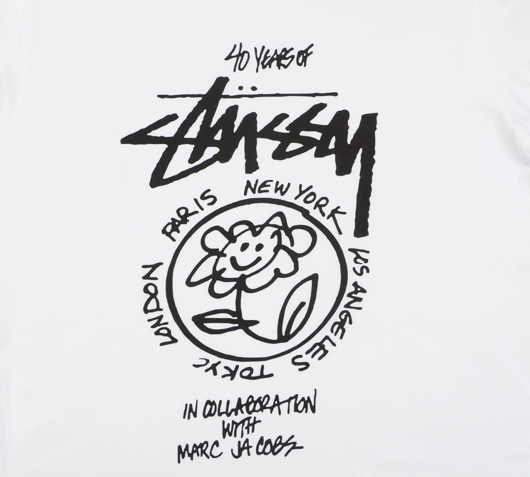 Stussy Graffiti Smiley Flower Print T-Shirt White Front Print