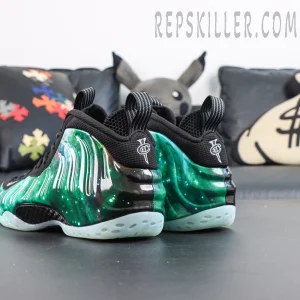Air Foamposite One Green Galaxy heel view featuring black collar and galaxy-inspired Foamposite shell design