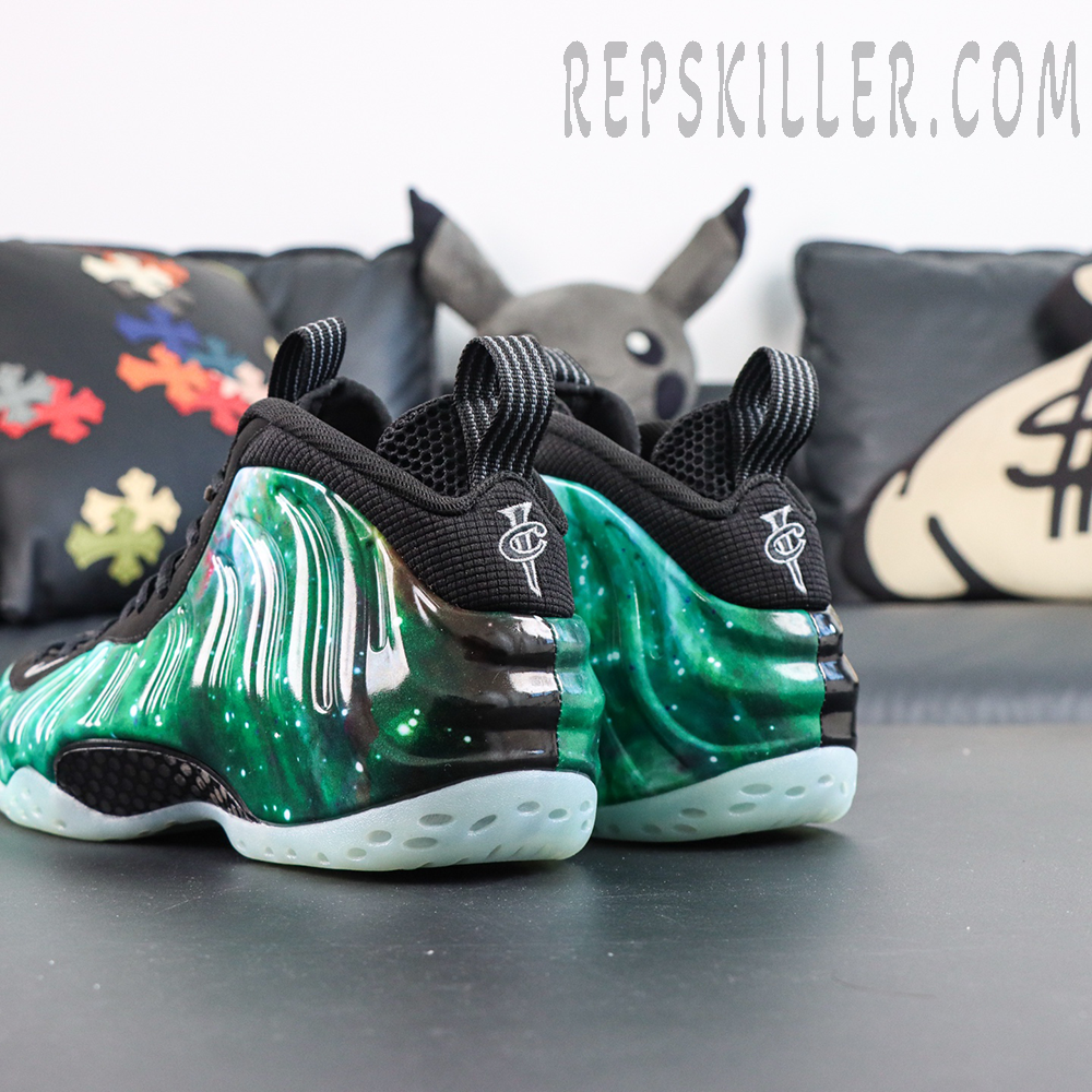 Air Foamposite One Green Galaxy heel view featuring black collar and galaxy-inspired Foamposite shell design