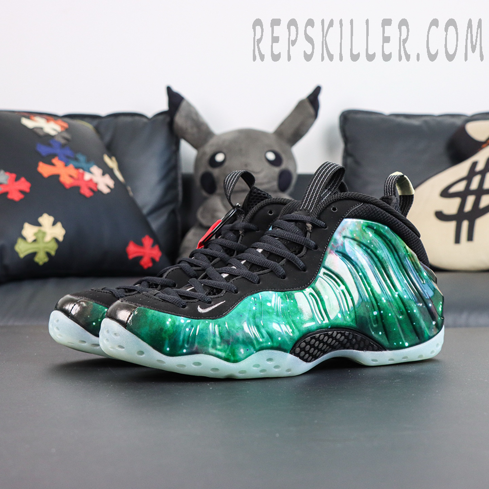 Air Foamposite One Green Galaxy side profile showcasing green galaxy shell upper with translucent outsole