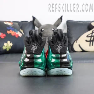 Air Foamposite One Green Galaxy rear view featuring black and green gradient upper with embroidered branding details