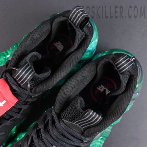 Air Foamposite One Green Galaxy collar and tongue detail featuring black mesh construction and classic Foamposite basketball shoe design