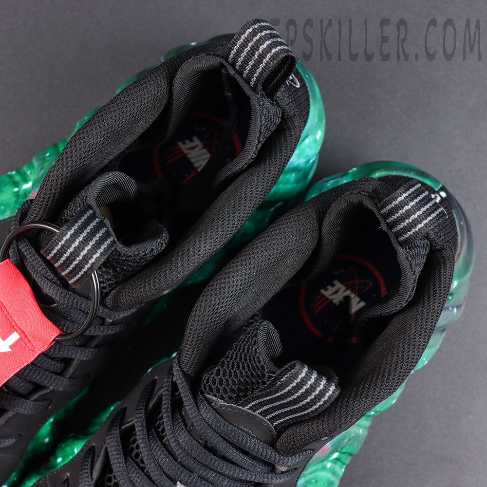Air Foamposite One Green Galaxy collar and tongue detail featuring black mesh construction and classic Foamposite basketball shoe design