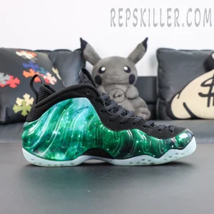 Air Foamposite One Green Galaxy side detail featuring streamlined Foamposite shell and galaxy pattern finish