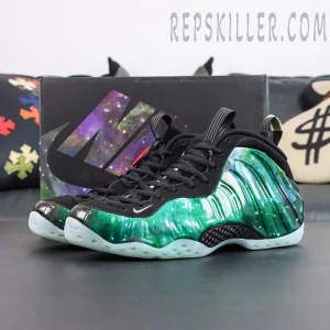 Air Foamposite One Green Galaxy display with original Nike Foamposite series box and sneaker design