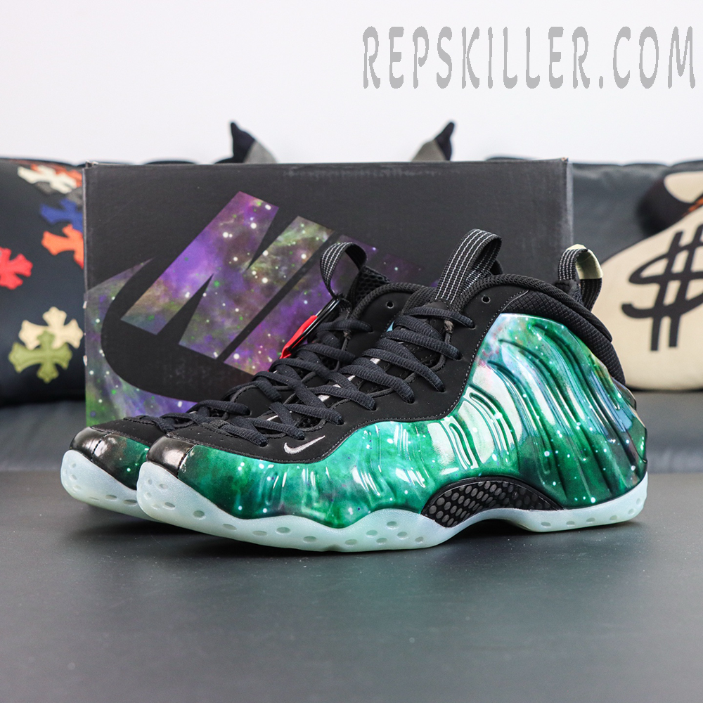 Air Foamposite One Green Galaxy display with original Nike Foamposite series box and sneaker design