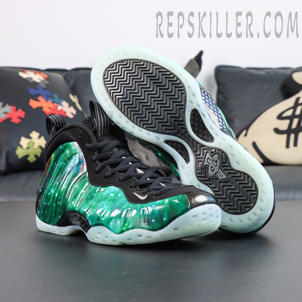 Air Foamposite One Green Galaxy outsole view featuring translucent rubber sole and herringbone traction pattern