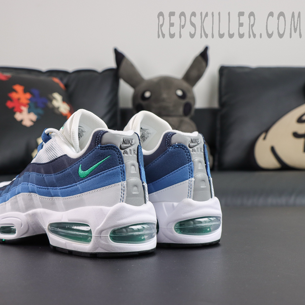 Nike Air Max 95 ‘Big Bubble - Slate’ rear angle featuring blue gradient panels, green embroidered Swoosh and visible Air cushioning