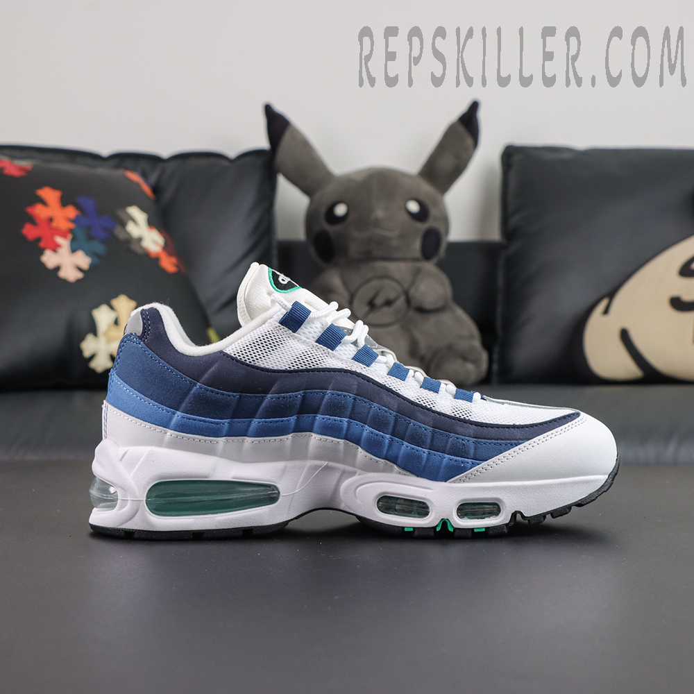 Nike Air Max 95 ‘Big Bubble - Slate’ side view with white mesh, layered blue gradient panels and green-tinted Air cushioning