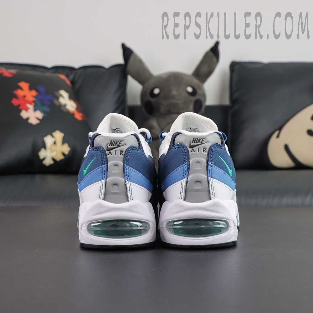 Nike Air Max 95 ‘Big Bubble - Slate’ rear view featuring grey Nike Air heel panels and green-tinted Big Bubble Air units