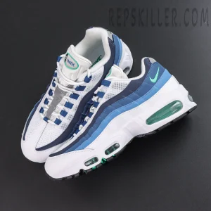 Nike Air Max 95 ‘Big Bubble - Slate’ top view with white mesh uppers, blue lace loops, gradient side panels and green Swoosh