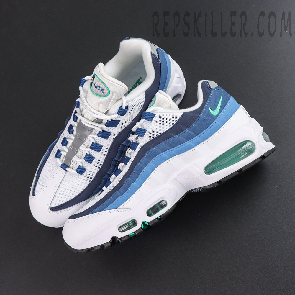 Nike Air Max 95 ‘Big Bubble - Slate’ top view with white mesh uppers, blue lace loops, gradient side panels and green Swoosh