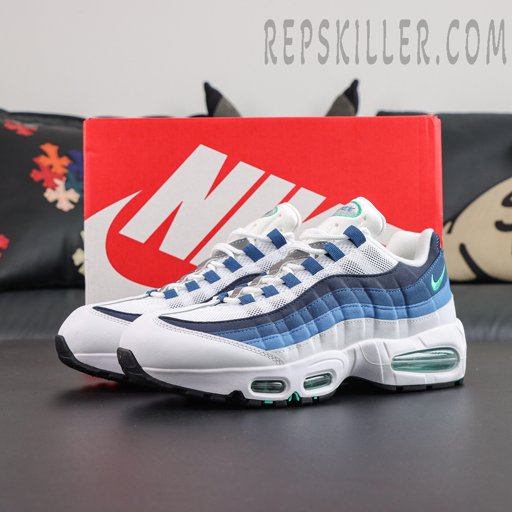 Nike Air Max 95 ‘Big Bubble - Slate’ pair front view featuring white and blue gradient uppers with green-tinted visible Air units