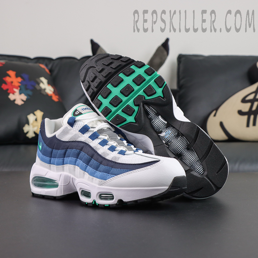 Nike Air Max 95 ‘Big Bubble - Slate’ outsole view featuring black rubber traction, green sections and Nike Air midfoot detail