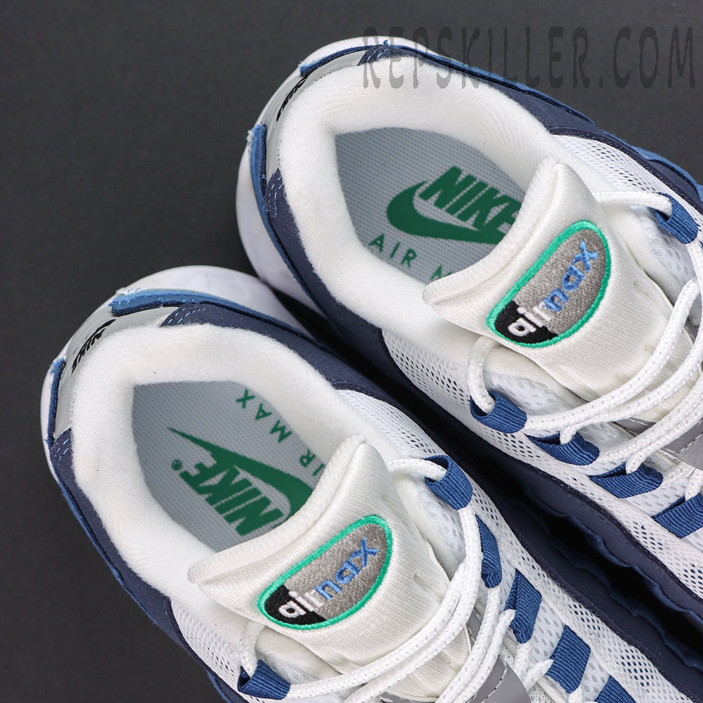 Nike Air Max 95 ‘Big Bubble - Slate’ tongue and insole close-up featuring Air Max branding and green Nike Air graphics