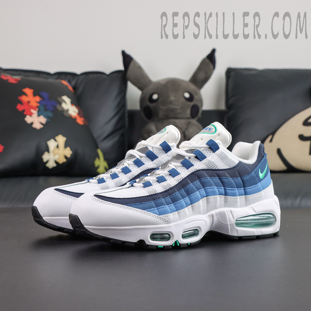 Nike Air Max 95 ‘Big Bubble - Slate’ pair angled view with blue gradient wave overlays, green Swoosh and Big Bubble Air cushioning