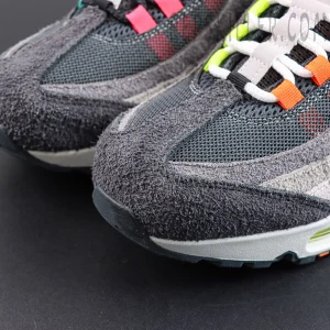 Nike Air Max 95 OG ‘Greedy/What The’ toe detail featuring hairy grey suede overlays for a vintage textured look