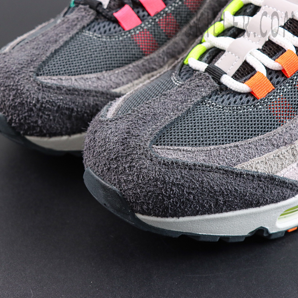 Nike Air Max 95 OG ‘Greedy/What The’ toe detail featuring hairy grey suede overlays for a vintage textured look