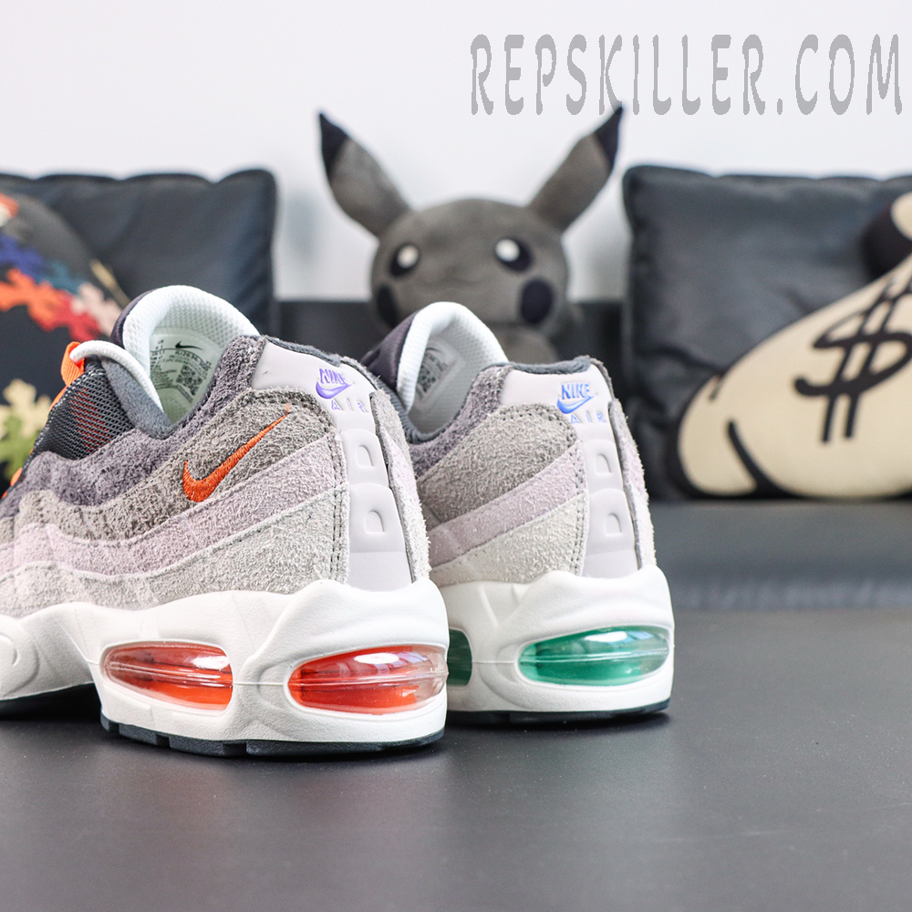 Nike Air Max 95 OG ‘Greedy/What The’ rear detail showcasing mixed design elements integrated into the classic Air Max 95 silhouette