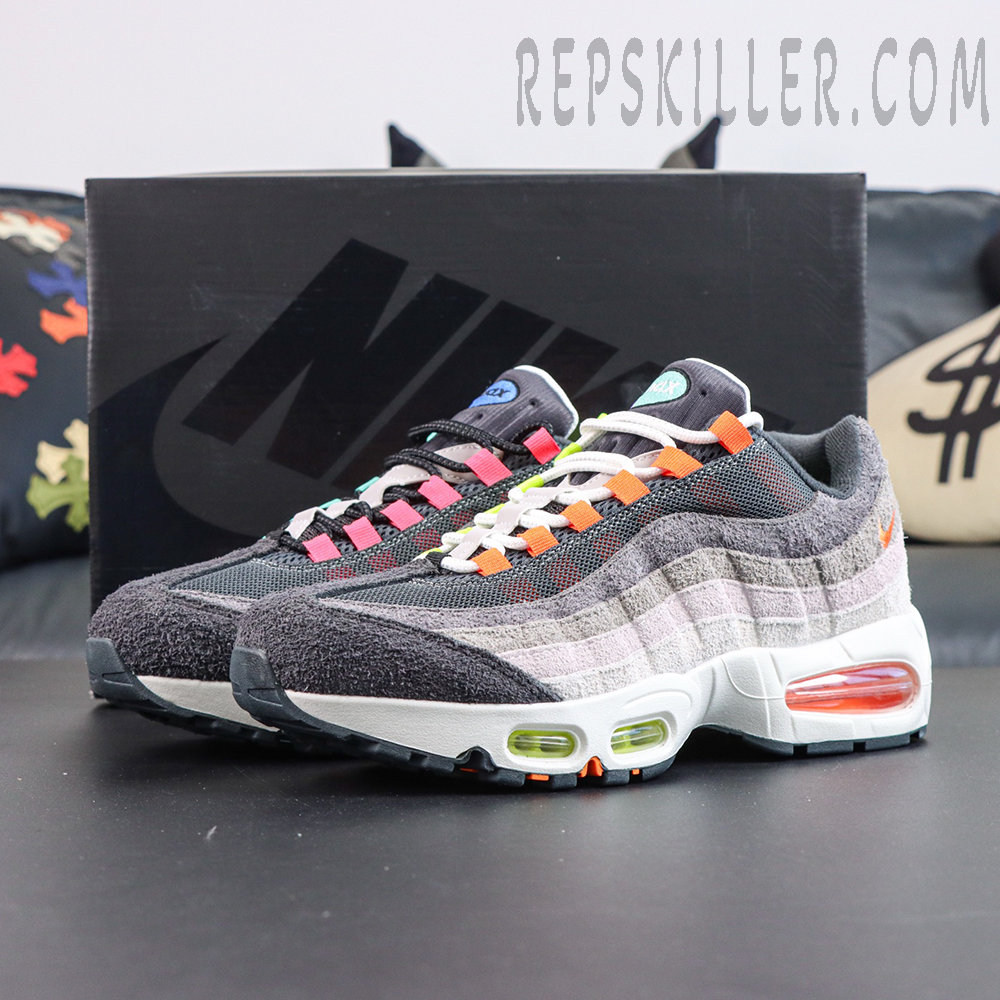 Nike Air Max 95 OG ‘Greedy/What The’ pair with box showcasing the retro runner aesthetic and mixed-color construction