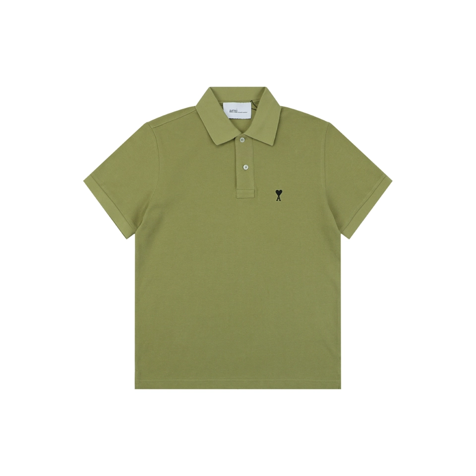 Ami Black Heart Embroidered Polo T-Shirt Green Front view