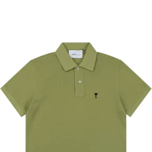 Ami Black Heart Embroidered Polo T-Shirt Green