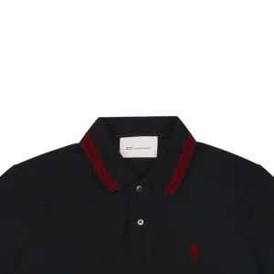 Ami Heart Logo Contrast Collar Polo T-Shirt Black