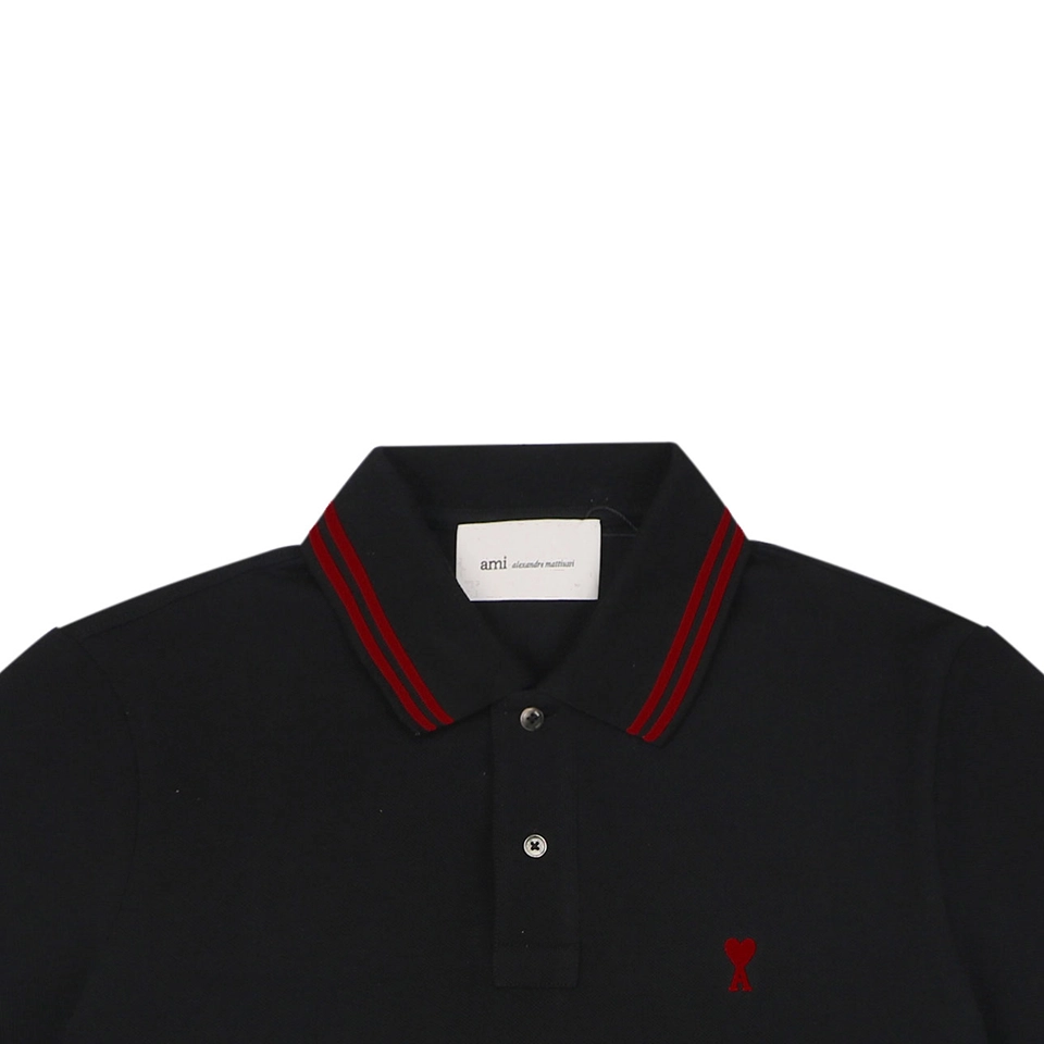 Ami Heart Logo Contrast Collar Polo T-Shirt Black