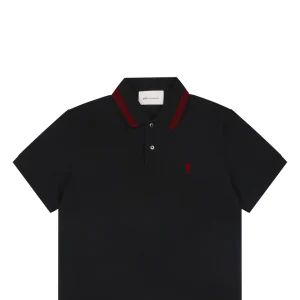 Ami Heart Logo Contrast Collar Polo T-Shirt Black