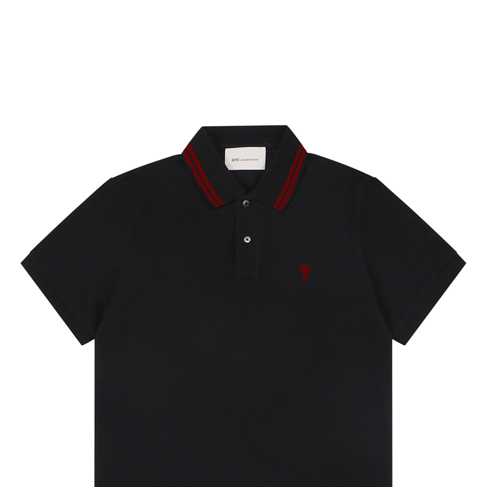Ami Heart Logo Contrast Collar Polo T-Shirt Black