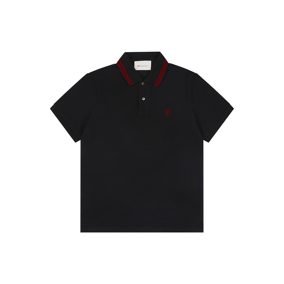Ami Heart Logo Contrast Collar Polo T-Shirt Black Front view
