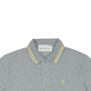 Ami Heart Logo Contrast Collar Polo T-Shirt Grey