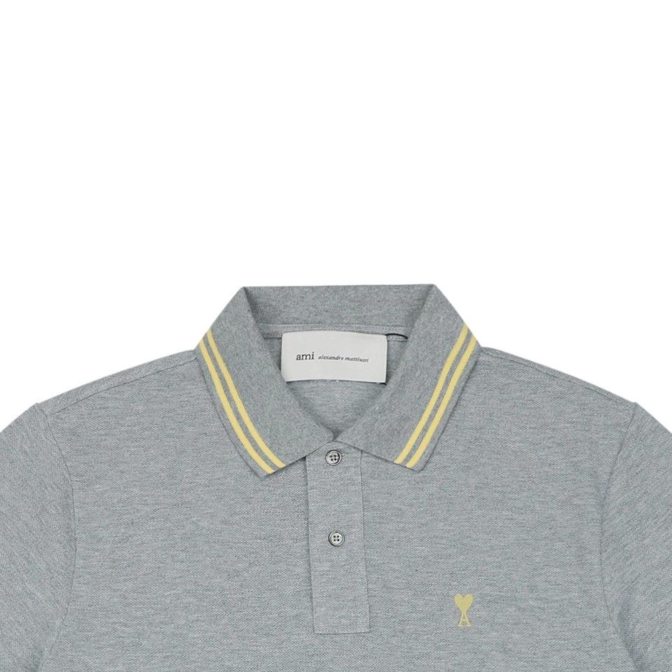 Ami Heart Logo Contrast Collar Polo T-Shirt Grey