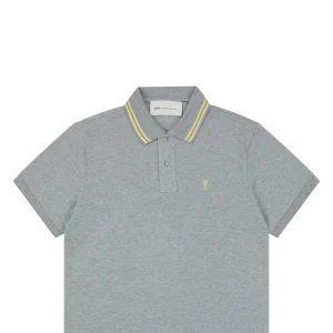 Ami Heart Logo Contrast Collar Polo T-Shirt Grey