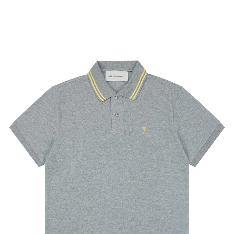 Ami Heart Logo Contrast Collar Polo T-Shirt Grey