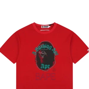 Bape Rhinestone Ape Head Graphic T-Shirt Red