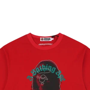 Bape Rhinestone Ape Head Graphic T-Shirt Red