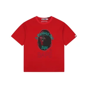Bape Rhinestone Ape Head Graphic T-Shirt Red Front view
