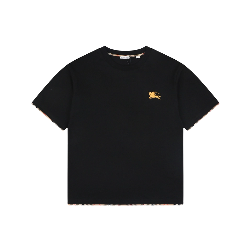 Burberry Check Trim Equestrian Knight Embroidered T-Shirt Black Front view