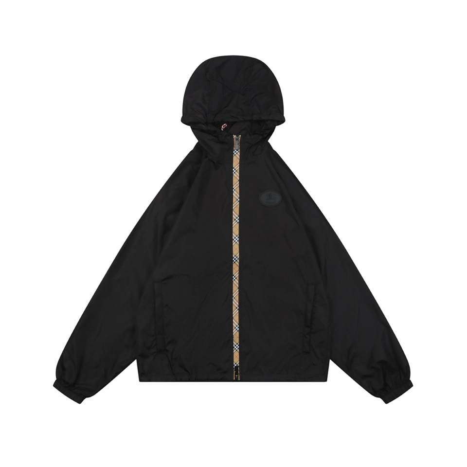 Burberry Check Zip Lightweight Hooded Jacket Black Front view