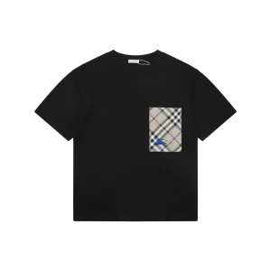 Burberry Equestrian Knight Plaid Pocket T-Shirt Black Front view