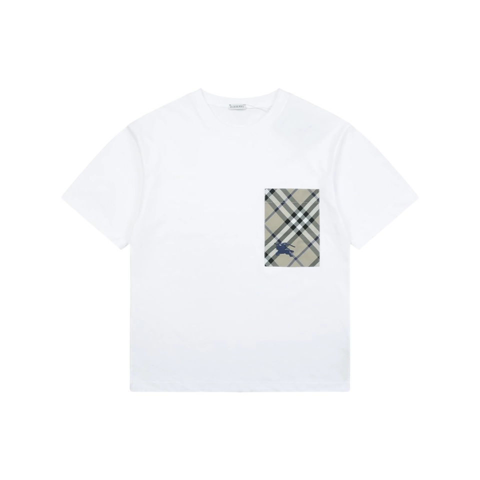 Burberry Equestrian Knight Plaid Pocket T-Shirt White Front view