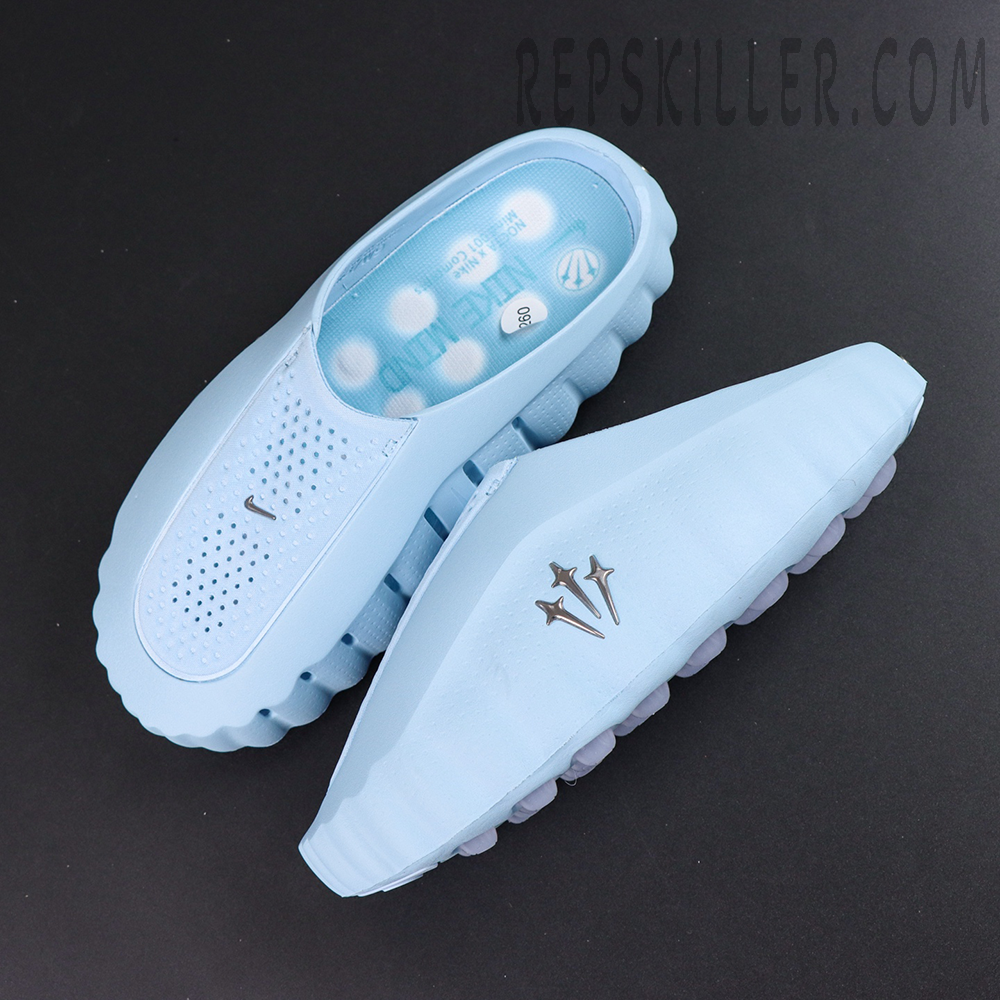 Drake NOCTA x Nike Mind 001 ‘Glacier Blue’ top view showcasing the minimal glacier blue colorway with unique perforated details