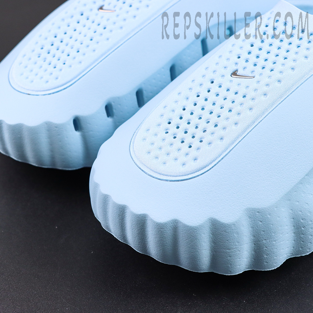 Drake NOCTA x Nike Mind 001 ‘Glacier Blue’ upper detail featuring breathable perforations and Nike Swoosh branding