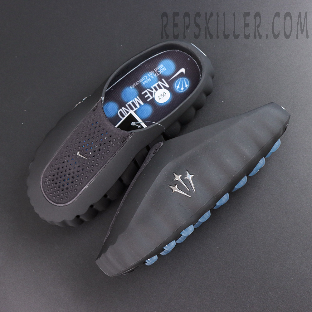 Drake NOCTA x Nike Mind 001 ‘Black’ top view featuring a breathable black upper, mini Swoosh, and blue cushioned footbed for all-day comfort