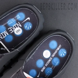 Drake NOCTA x Nike Mind 001 ‘Black’ insole detail featuring NOCTA x Nike Mind co-branded graphics with blue cushioning zones for enhanced comfort